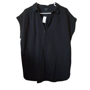 Ann Taylor Women's XL Black Collared Popover 100% Cotton Blouse Classic Office